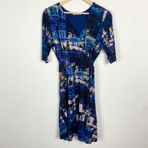 Gilli Faux Wrap Dress L Stretch Jersey Knit Blue Black Abstract Print‎